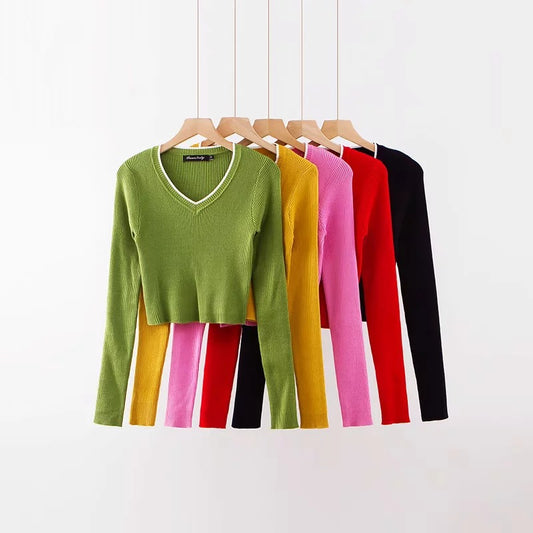 2019 autumn and winter new European and American style solid color big V-neck slim short knitted sweater sweater needle STUDC0825