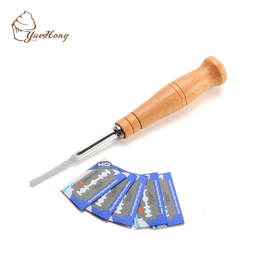 Danish oak handle flour mixer, trimming curved wood handle bread cutter, flour cutting bread tool set