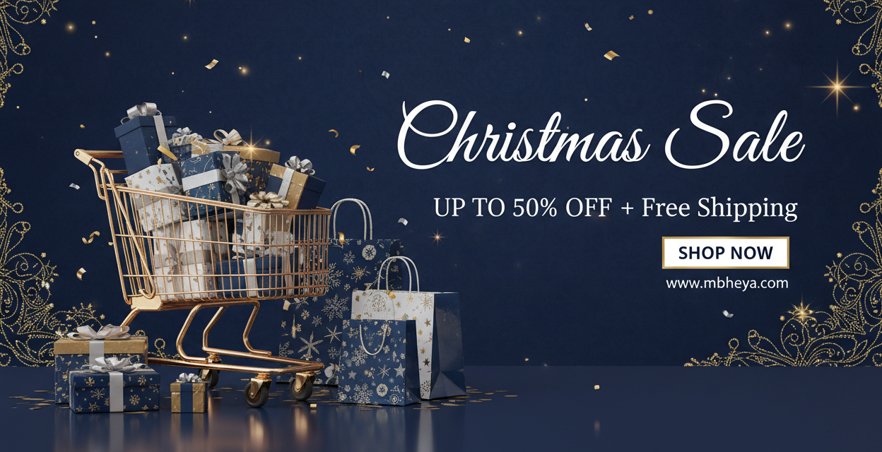 Christmas sale advertisement with a shopping cart full of gifts on a dark blue background.