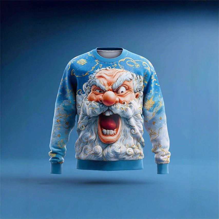 Cross-border chunky knit striped logo printed European and American style autumn and winter 3D printed pullover quirky Santa Claus sweatshirt