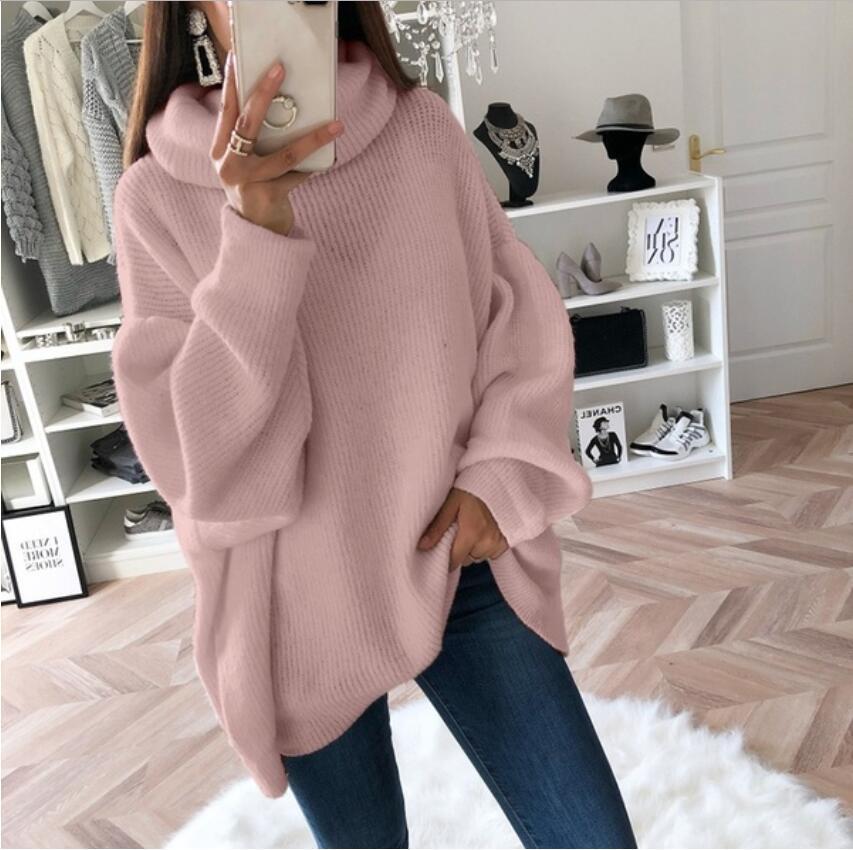 European and American women's sweater Amazon solid color turtleneck sweater pile collar large size loose cross-border sweater women