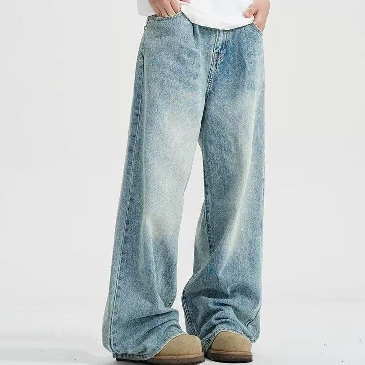 Light blue washed distressed straight jeans men's summer 2024 new American casual loose wide-leg trousers