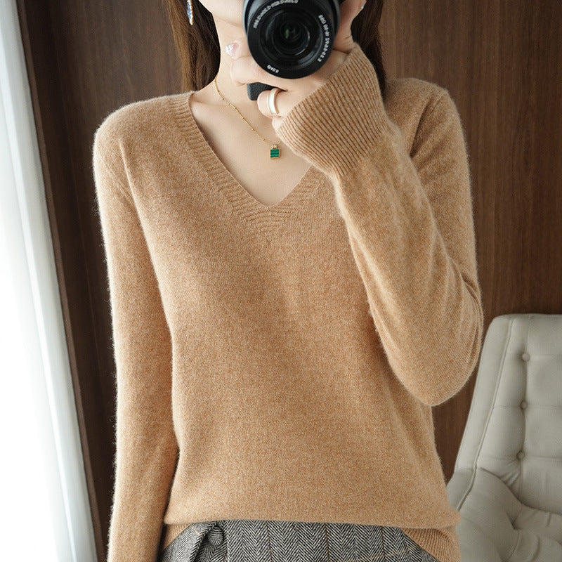 Douyin hot style sweater autumn and winter new V-neck sweater women Korean version loose fashion knitted bottoming shirt with large quantity and favorable