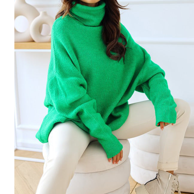 European and American women's sweater Amazon solid color turtleneck sweater pile collar large size loose cross-border sweater women