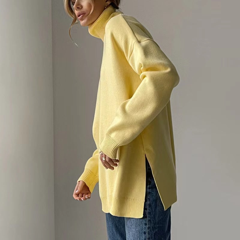 autumn and winter new hot selling models European and American loose slit turtleneck sweater solid color