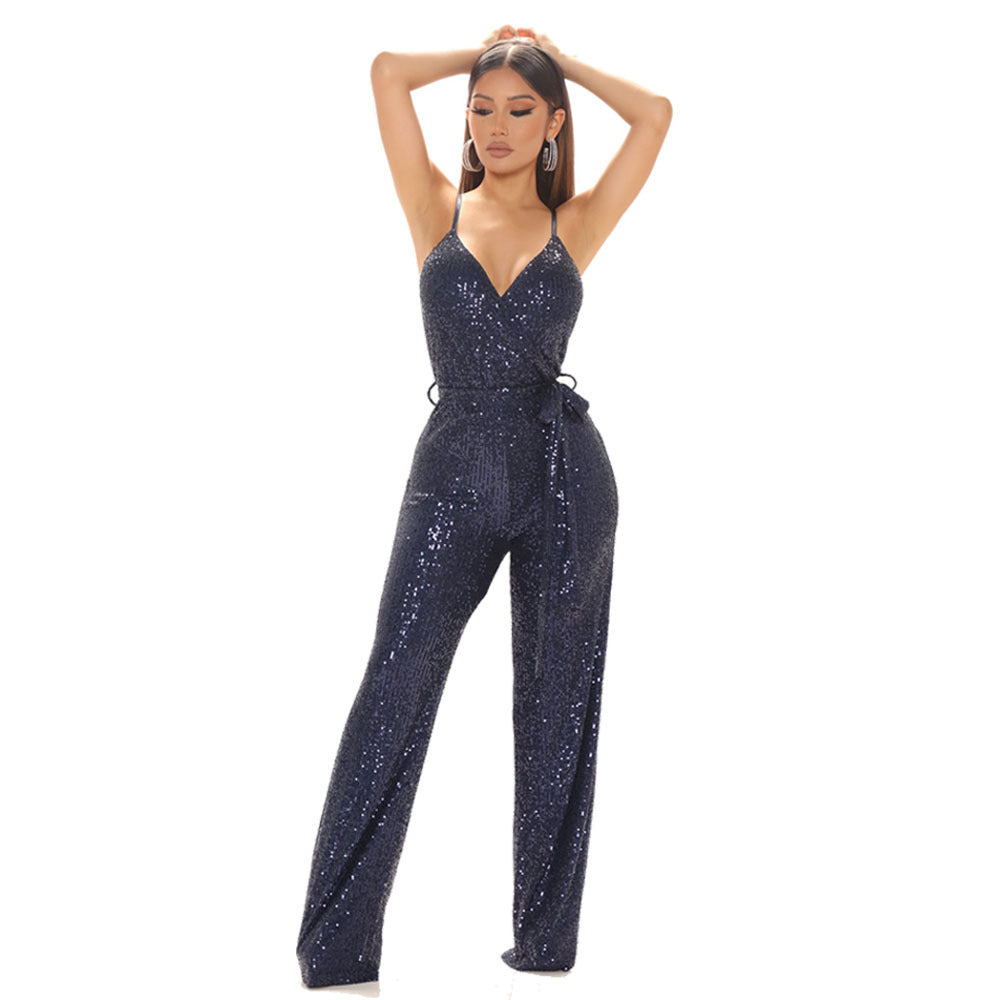 European and American Spring Explosion Amazon Sleeveless Backless Solid Color Sequins Slim Slim Fashion Sling Jumpsuit
