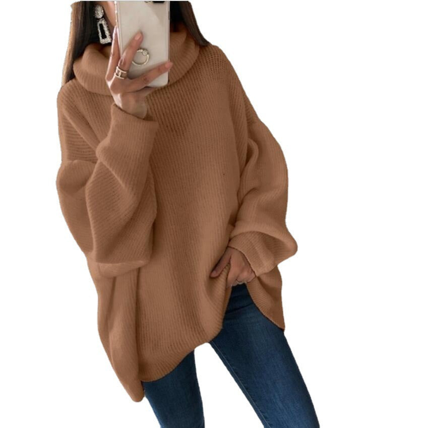 European and American women's sweater Amazon solid color turtleneck sweater pile collar large size loose cross-border sweater women