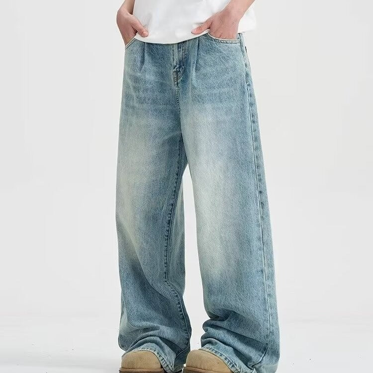 Light blue washed distressed straight jeans men's summer 2024 new American casual loose wide-leg trousers