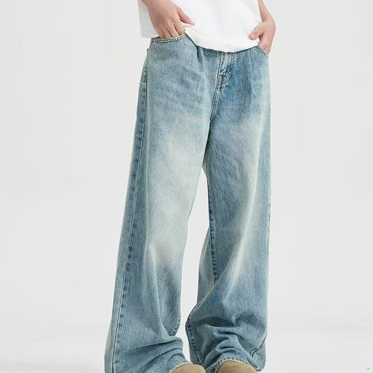 Light blue washed distressed straight jeans men's summer 2024 new American casual loose wide-leg trousers