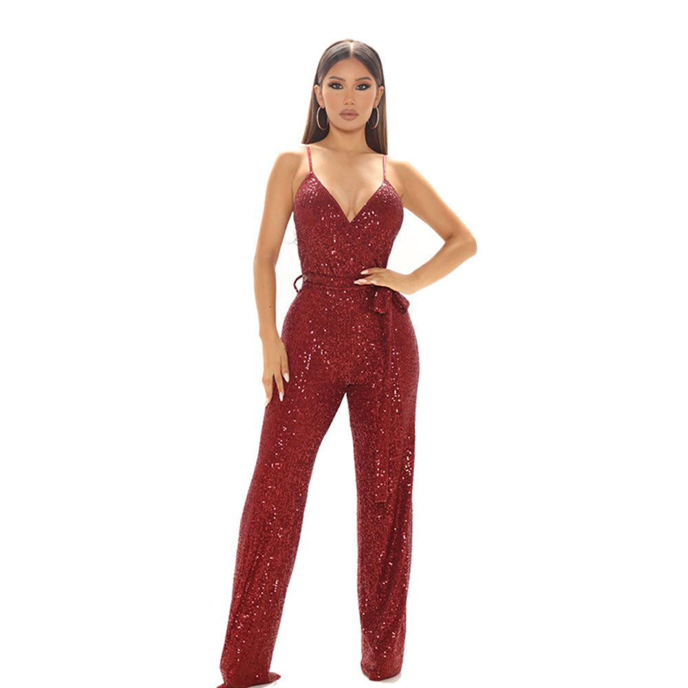 European and American Spring Explosion Amazon Sleeveless Backless Solid Color Sequins Slim Slim Fashion Sling Jumpsuit