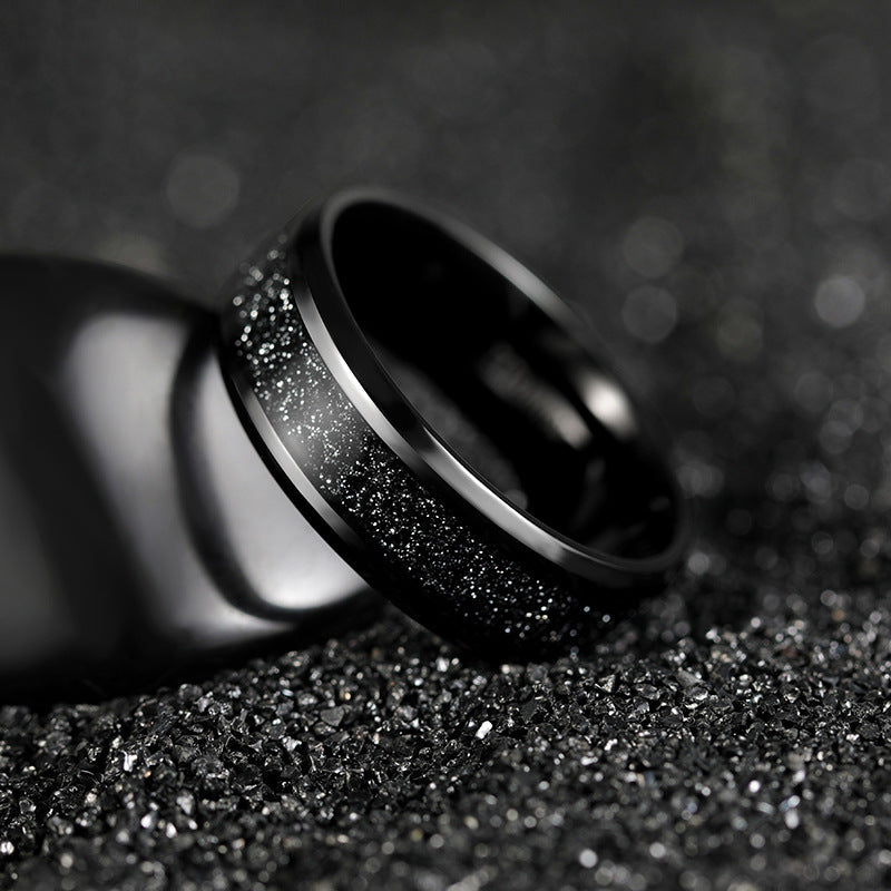 European and American cross-border manufacturers supply ultra-light pure titanium inlaid with meteorite silk black sand 8mm black pure titanium men's ring