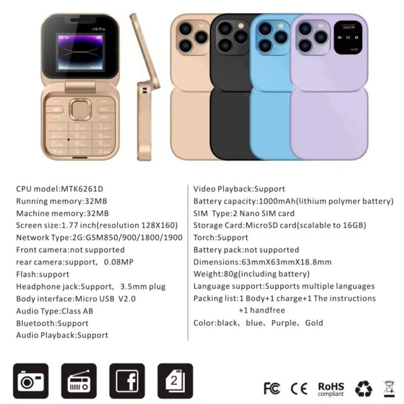 Cross-border i16Pro mobile phone, foreign language folding flip button mobile phone, multi-language