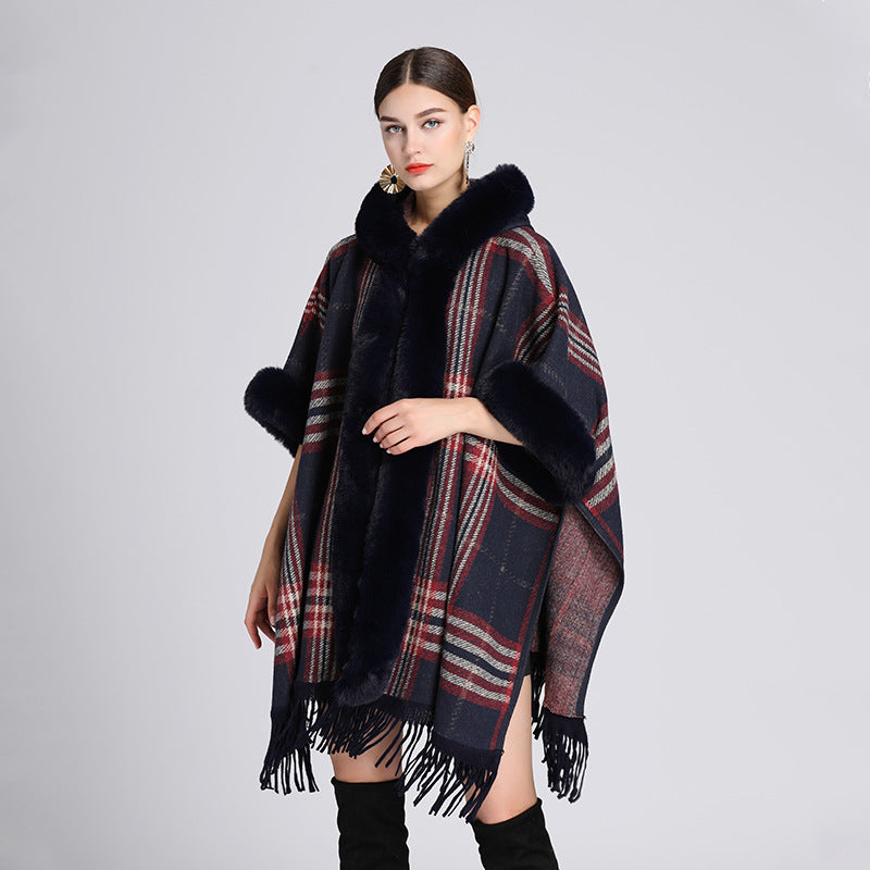 657#European and American autumn and winter new imitation rex rabbit fur collar hooded shawl cape ladies woolen coat large size cardigan