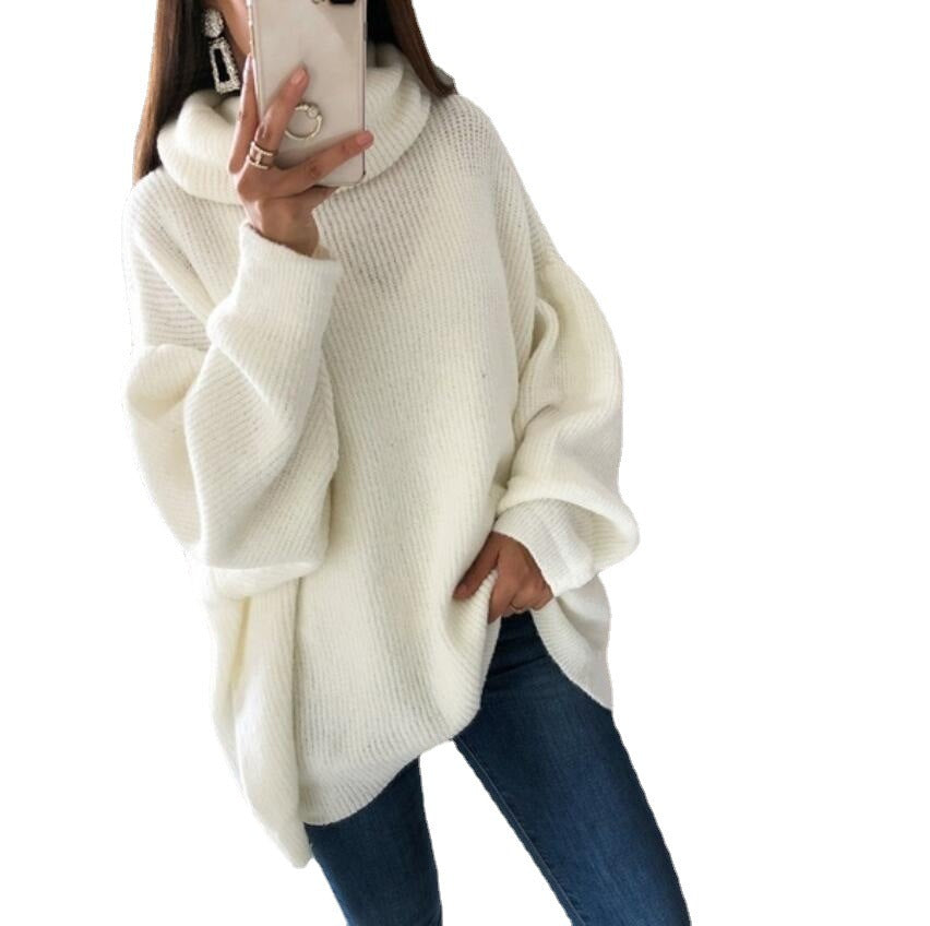 European and American women's sweater Amazon solid color turtleneck sweater pile collar large size loose cross-border sweater women