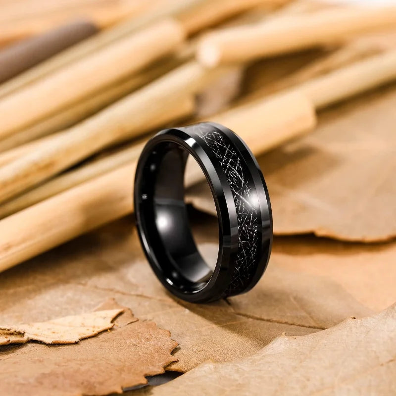 European and American cross-border manufacturers supply ultra-light pure titanium inlaid with meteorite silk black sand 8mm black pure titanium men's ring