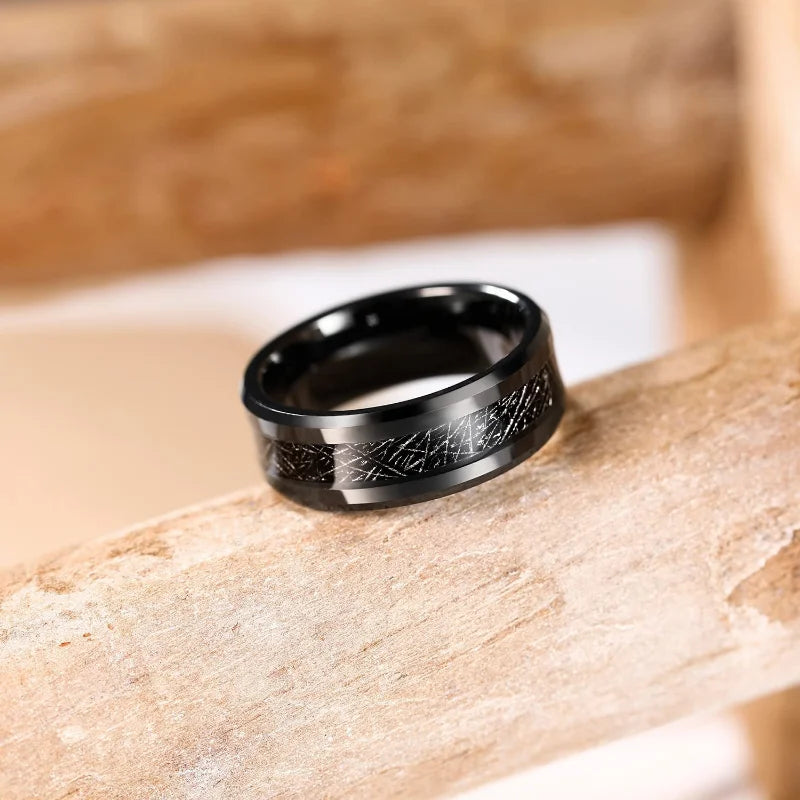 European and American cross-border manufacturers supply ultra-light pure titanium inlaid with meteorite silk black sand 8mm black pure titanium men's ring