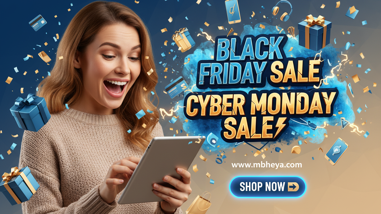 Woman using a tablet with Black Friday and Cyber Monday sale text and graphics.