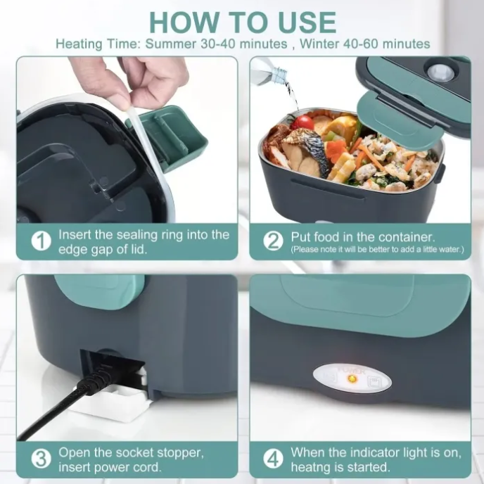 Instructions on how to use a food warmer with images of the process.