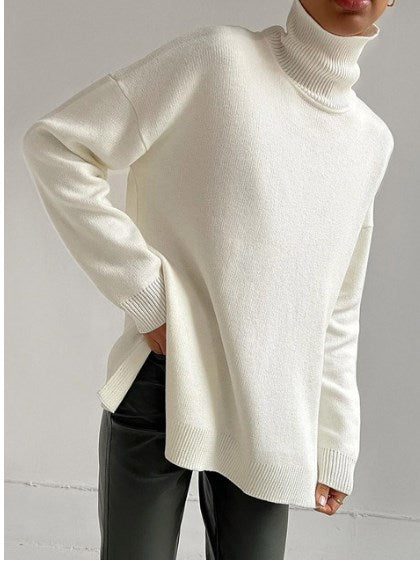 autumn and winter new hot selling models European and American loose slit turtleneck sweater solid color