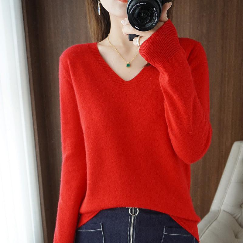 Douyin hot style sweater autumn and winter new V-neck sweater women Korean version loose fashion knitted bottoming shirt with large quantity and favorable