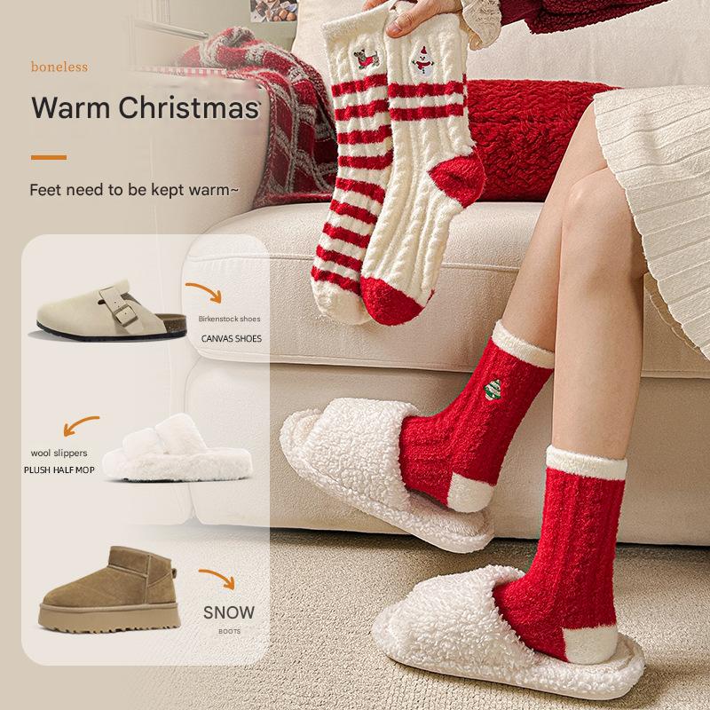 Winter New Christmas Socks Cartoon Embroidered Snowman Santa Claus Australian Velvet Women's Mid-Tube Socks Warm Red Socks