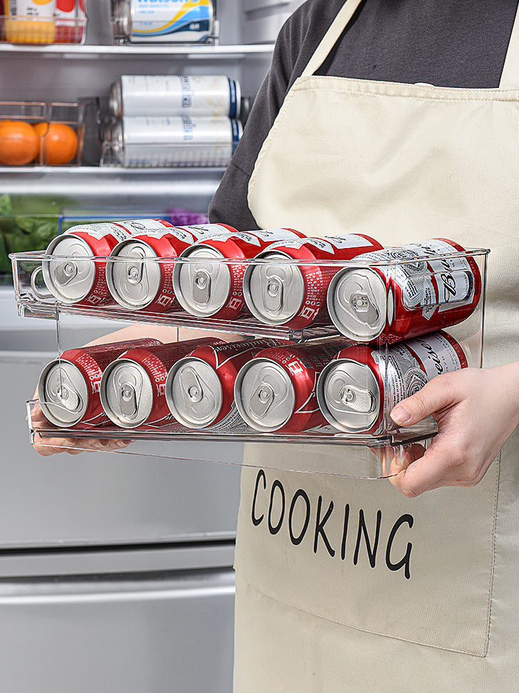 Refrigerator transparent classification storage rack wine beverage double-layer automatic roll-off storage box