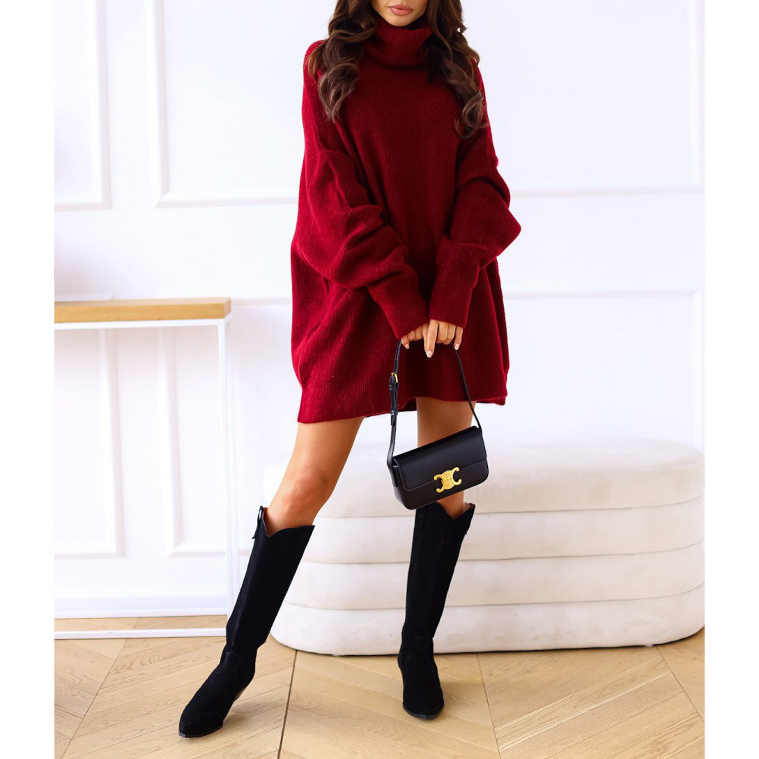 European and American women's sweater Amazon solid color turtleneck sweater pile collar large size loose cross-border sweater women