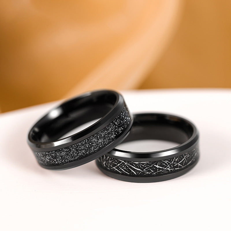 European and American cross-border manufacturers supply ultra-light pure titanium inlaid with meteorite silk black sand 8mm black pure titanium men's ring