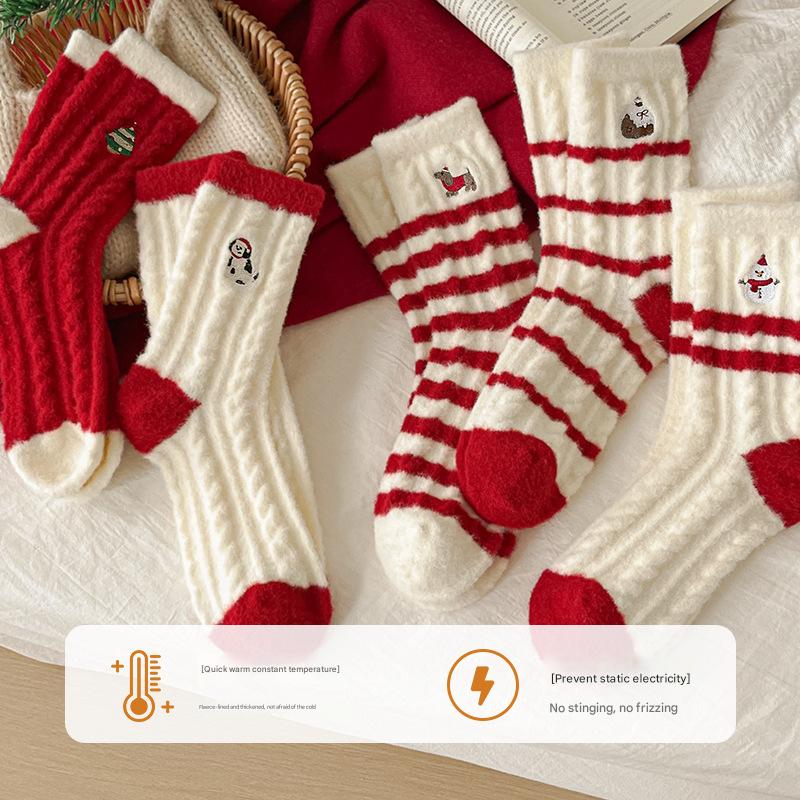 Winter New Christmas Socks Cartoon Embroidered Snowman Santa Claus Australian Velvet Women's Mid-Tube Socks Warm Red Socks