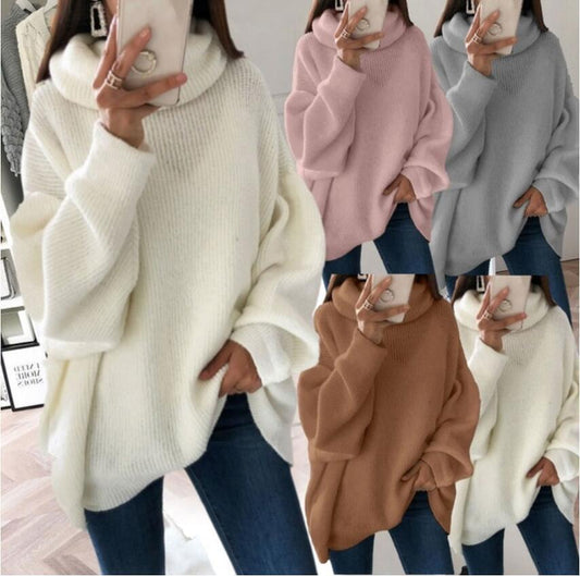 European and American women's sweater Amazon solid color turtleneck sweater pile collar large size loose cross-border sweater women
