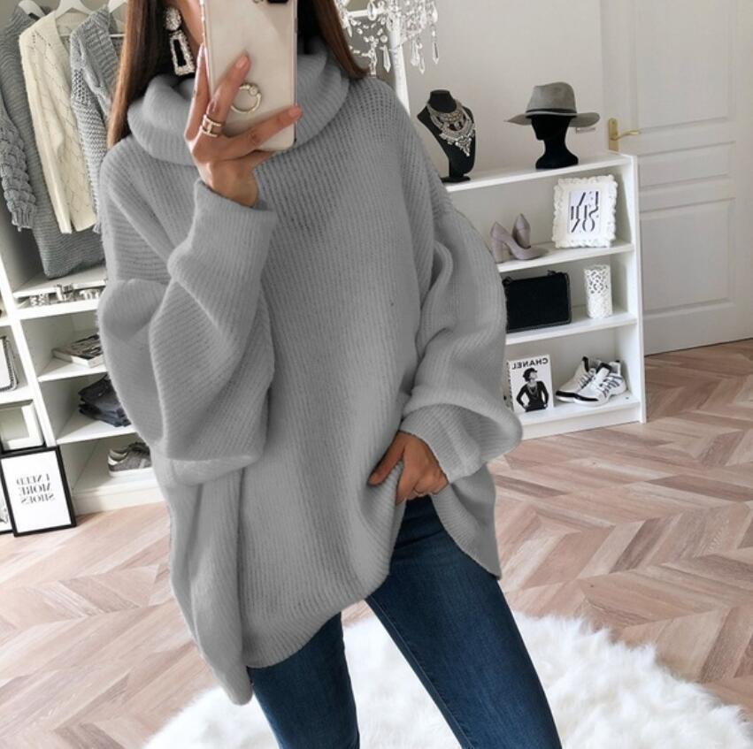 European and American women's sweater Amazon solid color turtleneck sweater pile collar large size loose cross-border sweater women