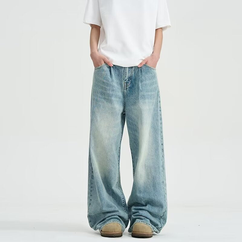 Light blue washed distressed straight jeans men's summer 2024 new American casual loose wide-leg trousers