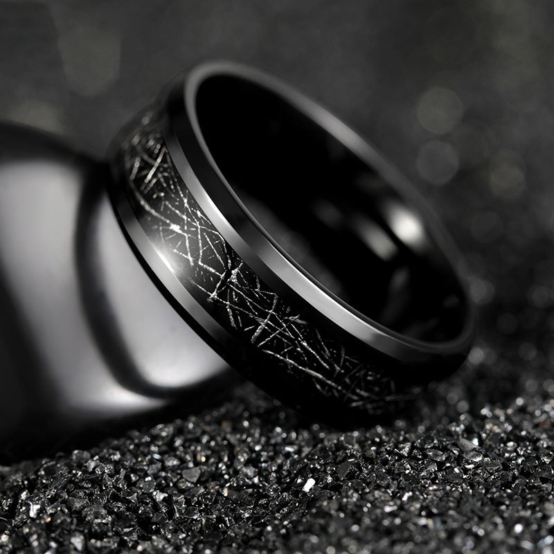 European and American cross-border manufacturers supply ultra-light pure titanium inlaid with meteorite silk black sand 8mm black pure titanium men's ring