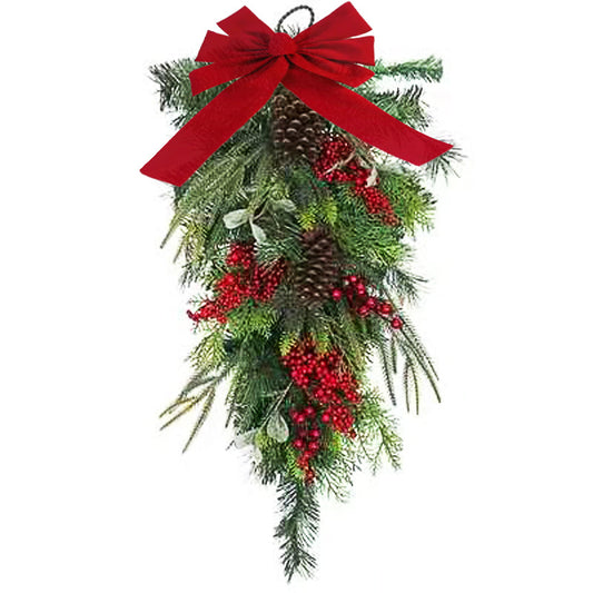 Christmas decorations, hanging ornaments, teardrop Christmas trees, bows, red berries, flocked PE wall hangings, rattan wreaths, and other decorative items.