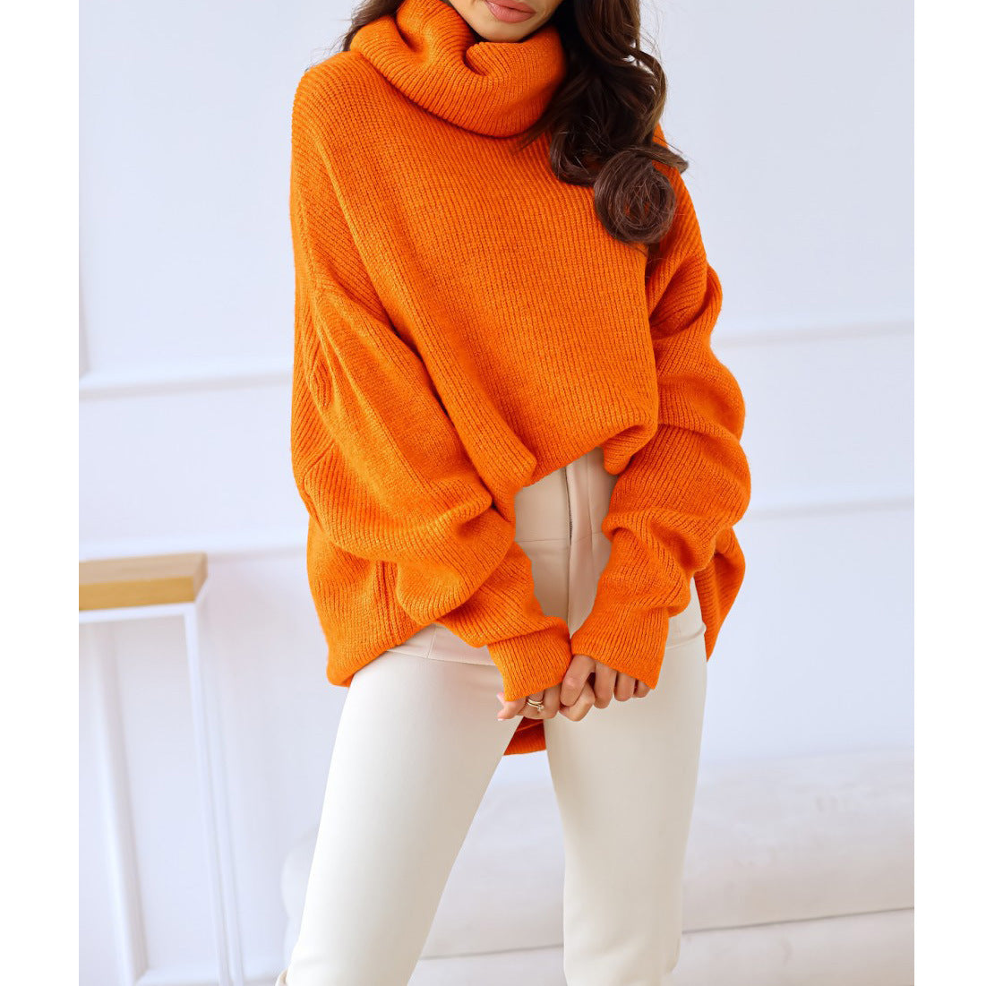 European and American women's sweater Amazon solid color turtleneck sweater pile collar large size loose cross-border sweater women
