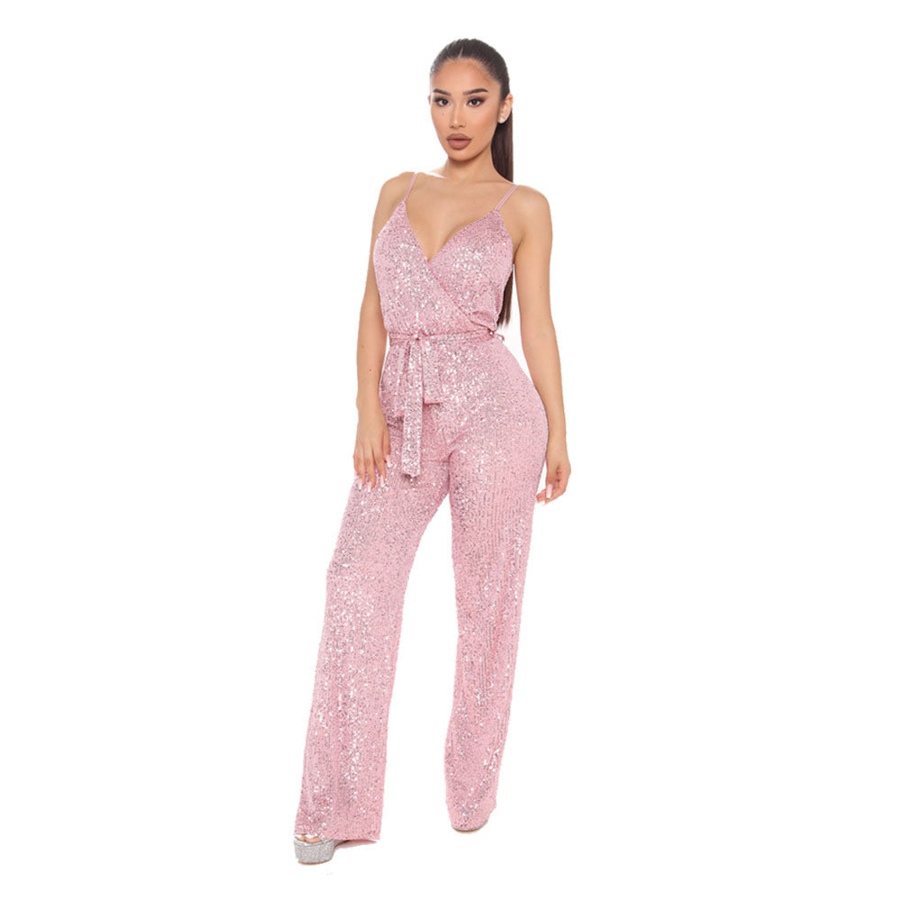 European and American Spring Explosion Amazon Sleeveless Backless Solid Color Sequins Slim Slim Fashion Sling Jumpsuit