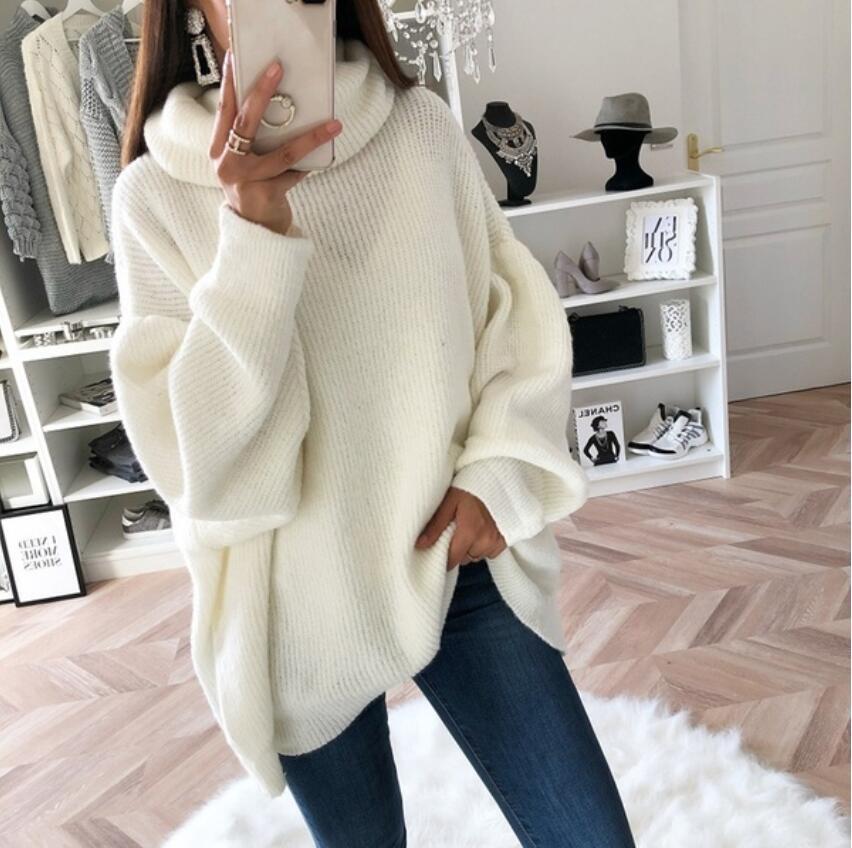 European and American women's sweater Amazon solid color turtleneck sweater pile collar large size loose cross-border sweater women