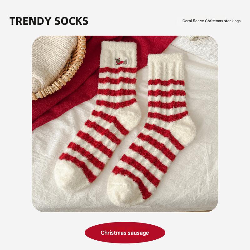 Winter New Christmas Socks Cartoon Embroidered Snowman Santa Claus Australian Velvet Women's Mid-Tube Socks Warm Red Socks