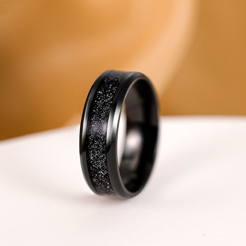 European and American cross-border manufacturers supply ultra-light pure titanium inlaid with meteorite silk black sand 8mm black pure titanium men's ring