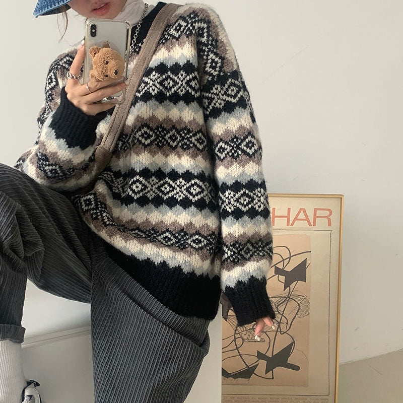 Autumn new soft waxy color matching diamond pullover sweater women's outerwear high-quality loose lazy style knitted top women