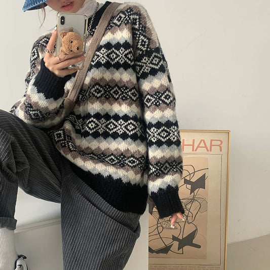 Autumn new soft waxy color matching diamond pullover sweater women's outerwear high-quality loose lazy style knitted top women