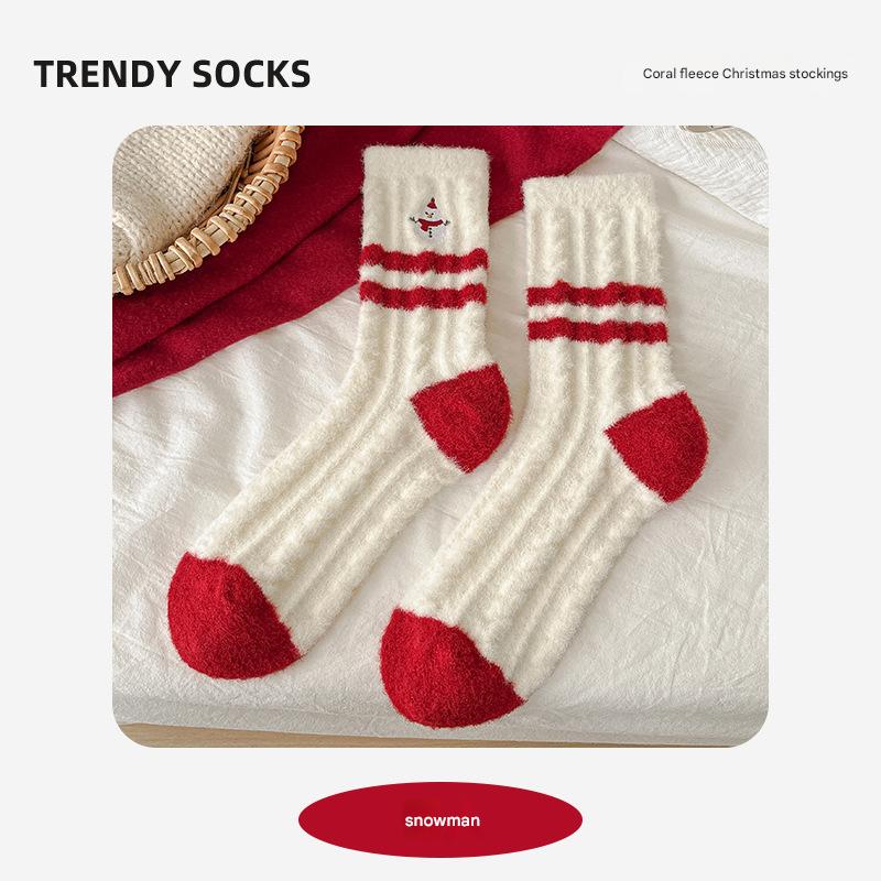 Winter New Christmas Socks Cartoon Embroidered Snowman Santa Claus Australian Velvet Women's Mid-Tube Socks Warm Red Socks