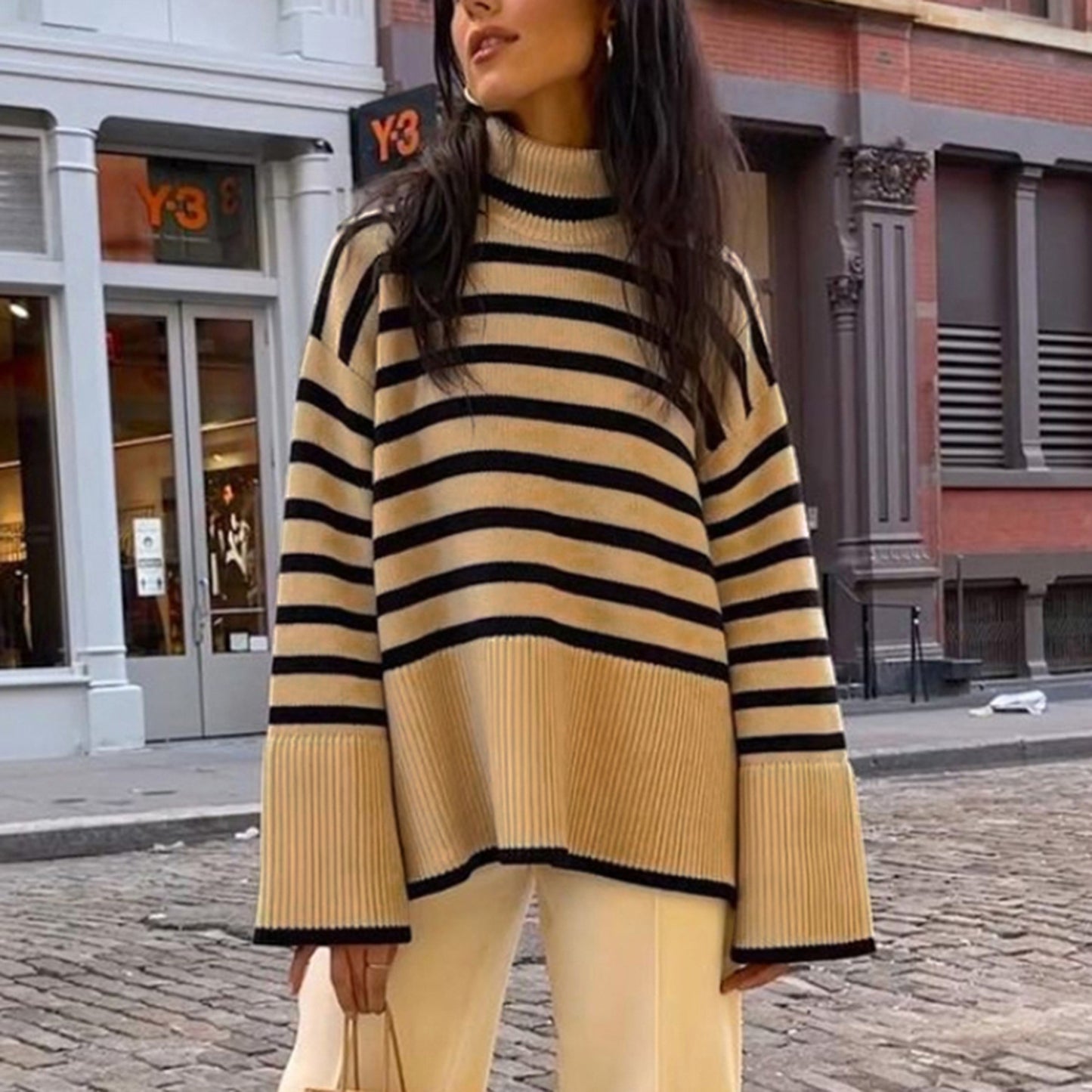 2021 cross-border autumn and winter new AliExpress Amazon popular women's high-neck knitted striped slit sweater top