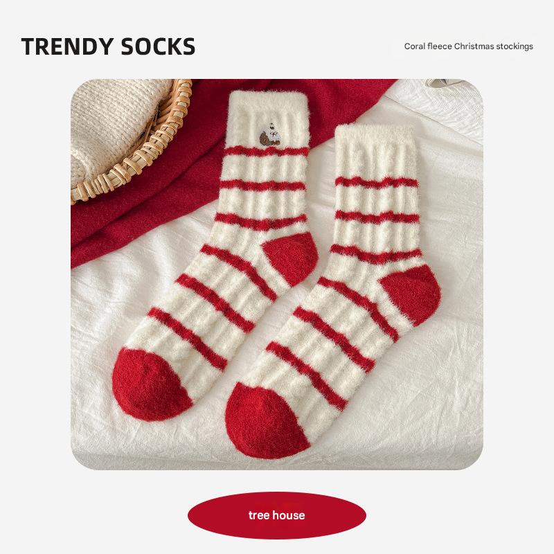 Winter New Christmas Socks Cartoon Embroidered Snowman Santa Claus Australian Velvet Women's Mid-Tube Socks Warm Red Socks