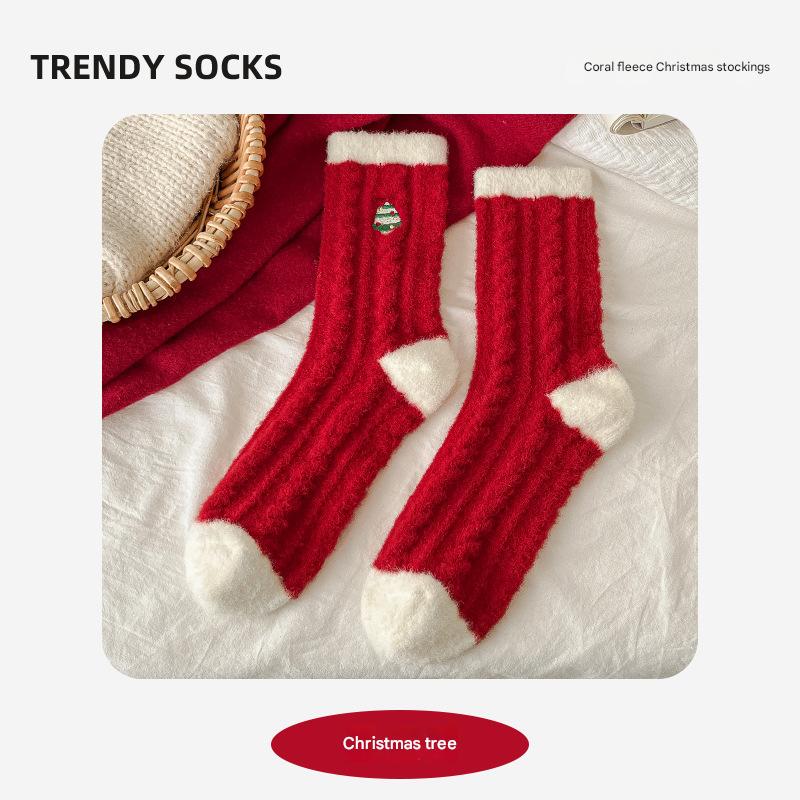 Winter New Christmas Socks Cartoon Embroidered Snowman Santa Claus Australian Velvet Women's Mid-Tube Socks Warm Red Socks