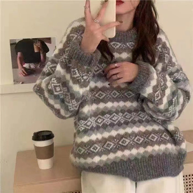 Autumn new soft waxy color matching diamond pullover sweater women's outerwear high-quality loose lazy style knitted top women