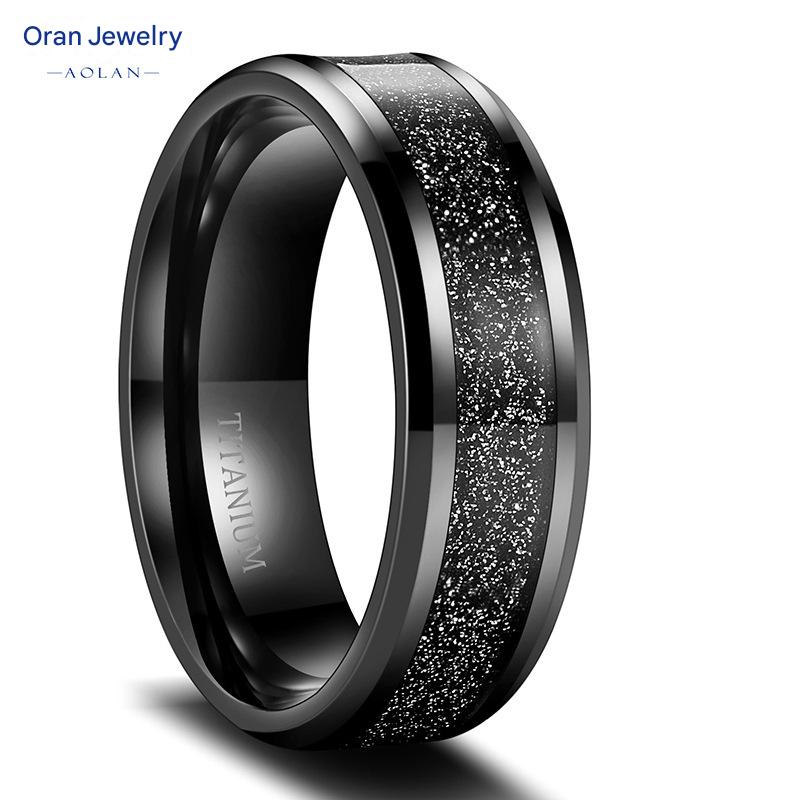 European and American cross-border manufacturers supply ultra-light pure titanium inlaid with meteorite silk black sand 8mm black pure titanium men's ring