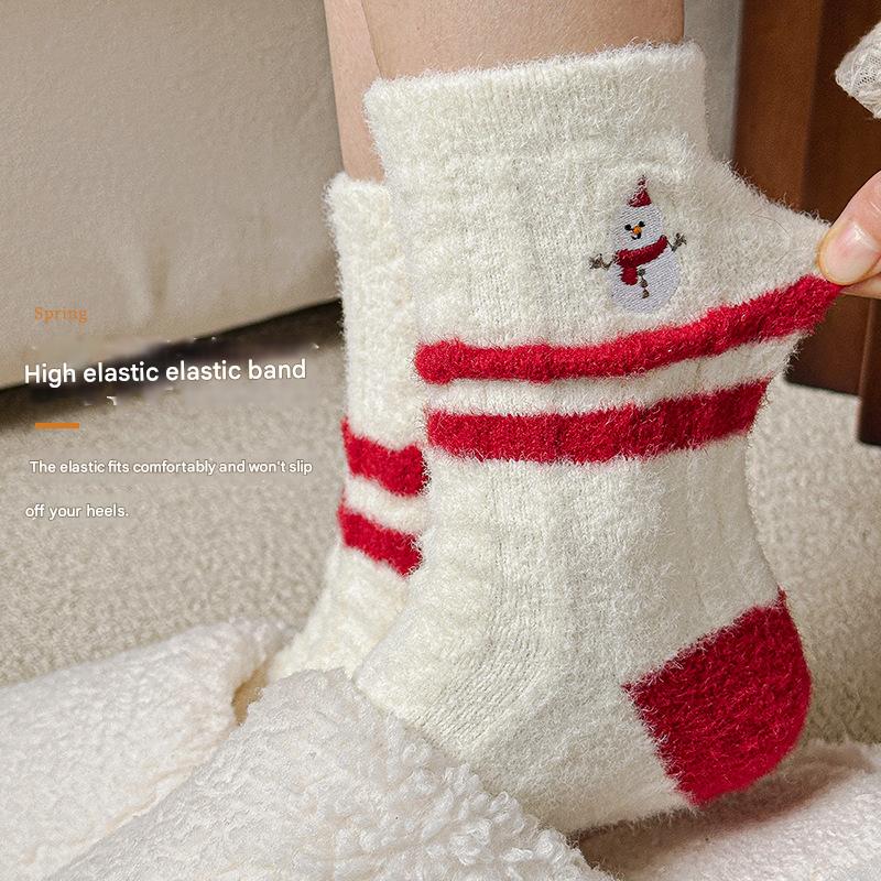 Winter New Christmas Socks Cartoon Embroidered Snowman Santa Claus Australian Velvet Women's Mid-Tube Socks Warm Red Socks
