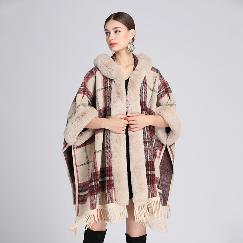 657#European and American autumn and winter new imitation rex rabbit fur collar hooded shawl cape ladies woolen coat large size cardigan