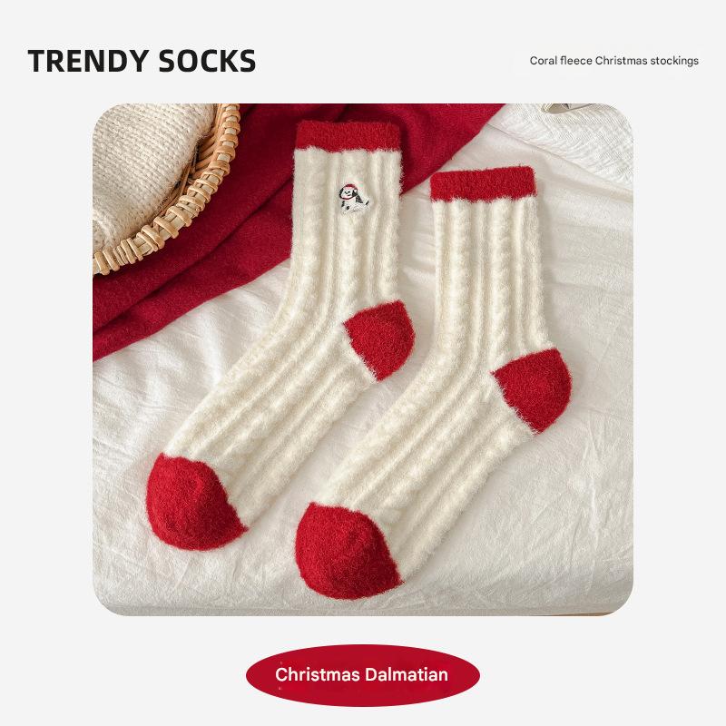 Winter New Christmas Socks Cartoon Embroidered Snowman Santa Claus Australian Velvet Women's Mid-Tube Socks Warm Red Socks